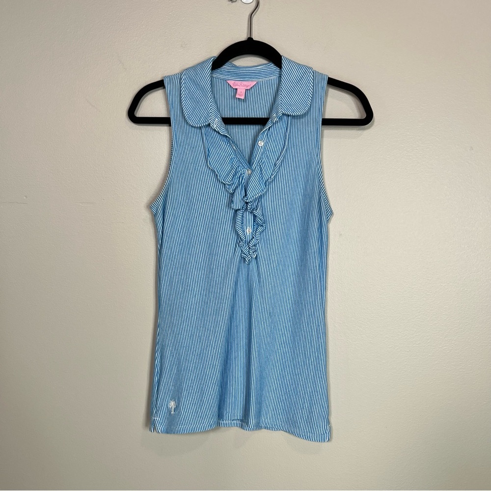 LILLY PULITZER Blue and White Striped Sleeveless Ruffled Collared Drew Polo - Picture 2 of 12